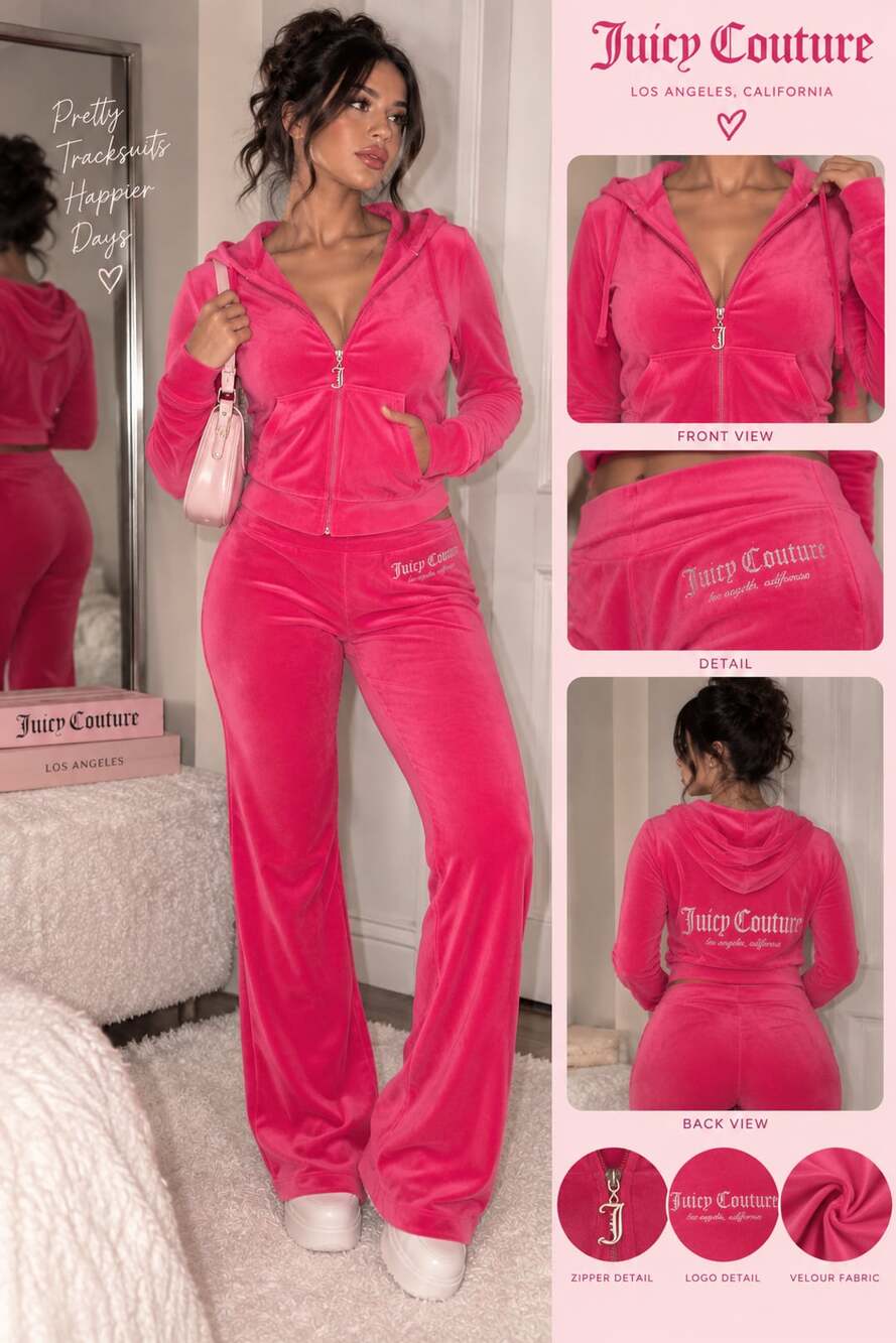M-L JuicyCouture PinkParty Velour Tracksuit Zip-Up Hoodie-Pants Set SizeM RUNS L